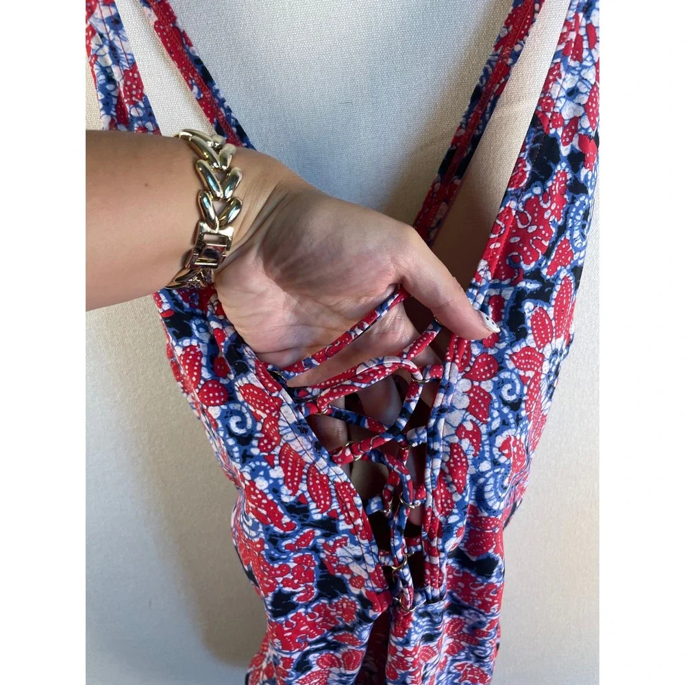 Michael Kors Red Blue‎ Paisley Lace Up One Piece Swimsuit Floral Size 10
